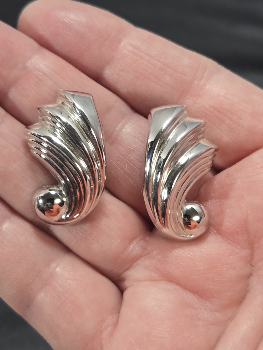 Vintage Monet Silver Tone Ribbed Fan Swirl Statement Earrings